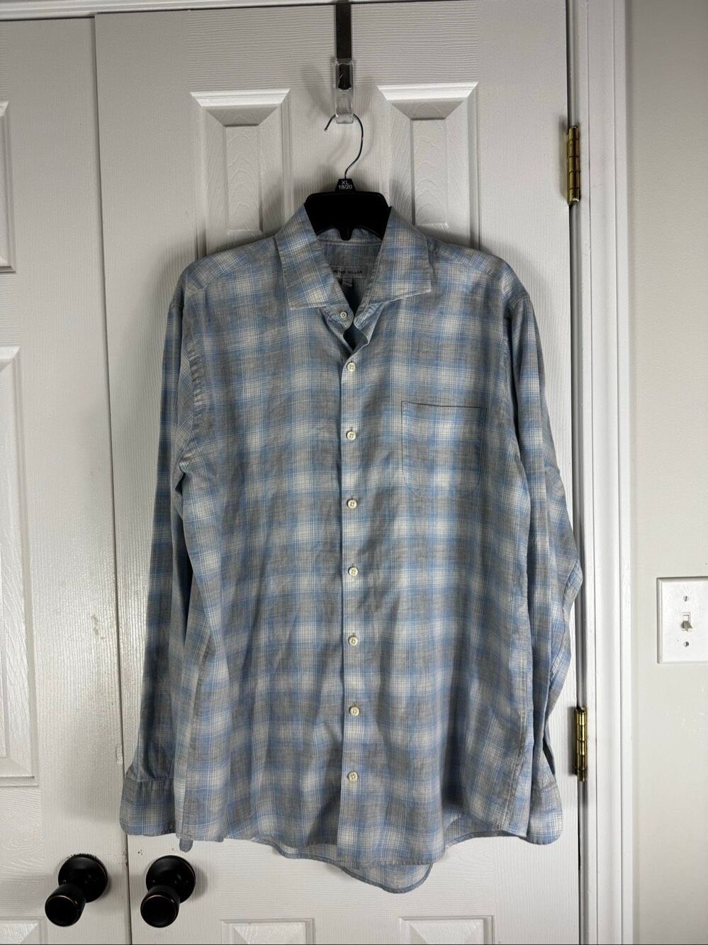 Peter Millar Mens Long Sleeve Blue White Plaid Cotton Button Front Shirt Size L